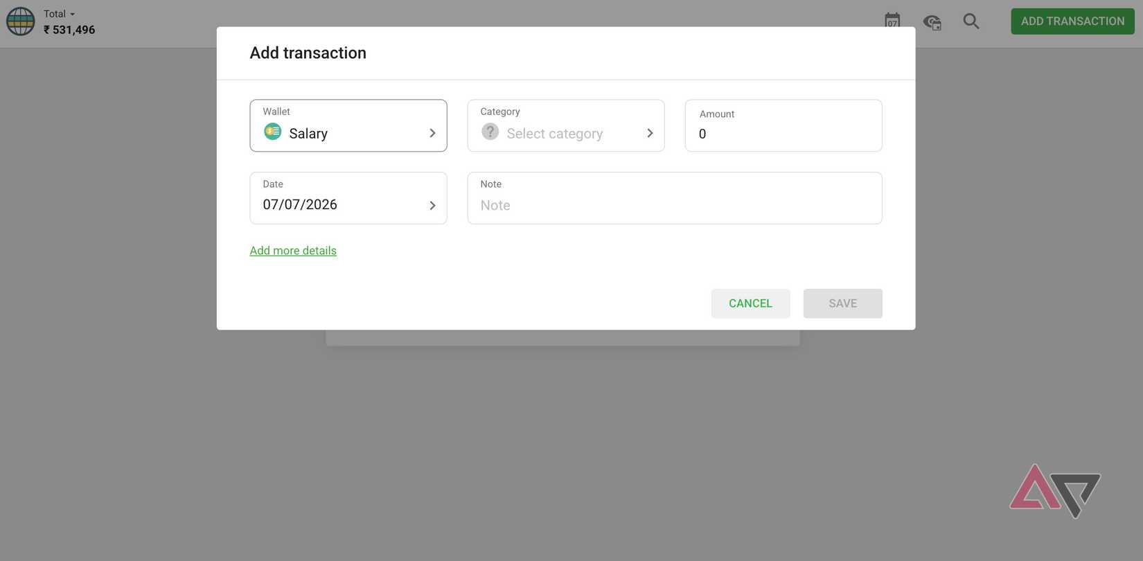 A screenshot showing transaction menu for Money Lover web