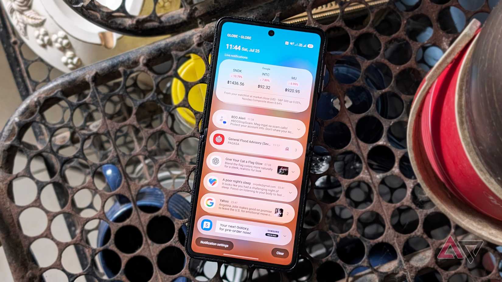 Samsung Galaxy Z Flip 7 smartphone with the notifications panel or shade opened showing different app alerts