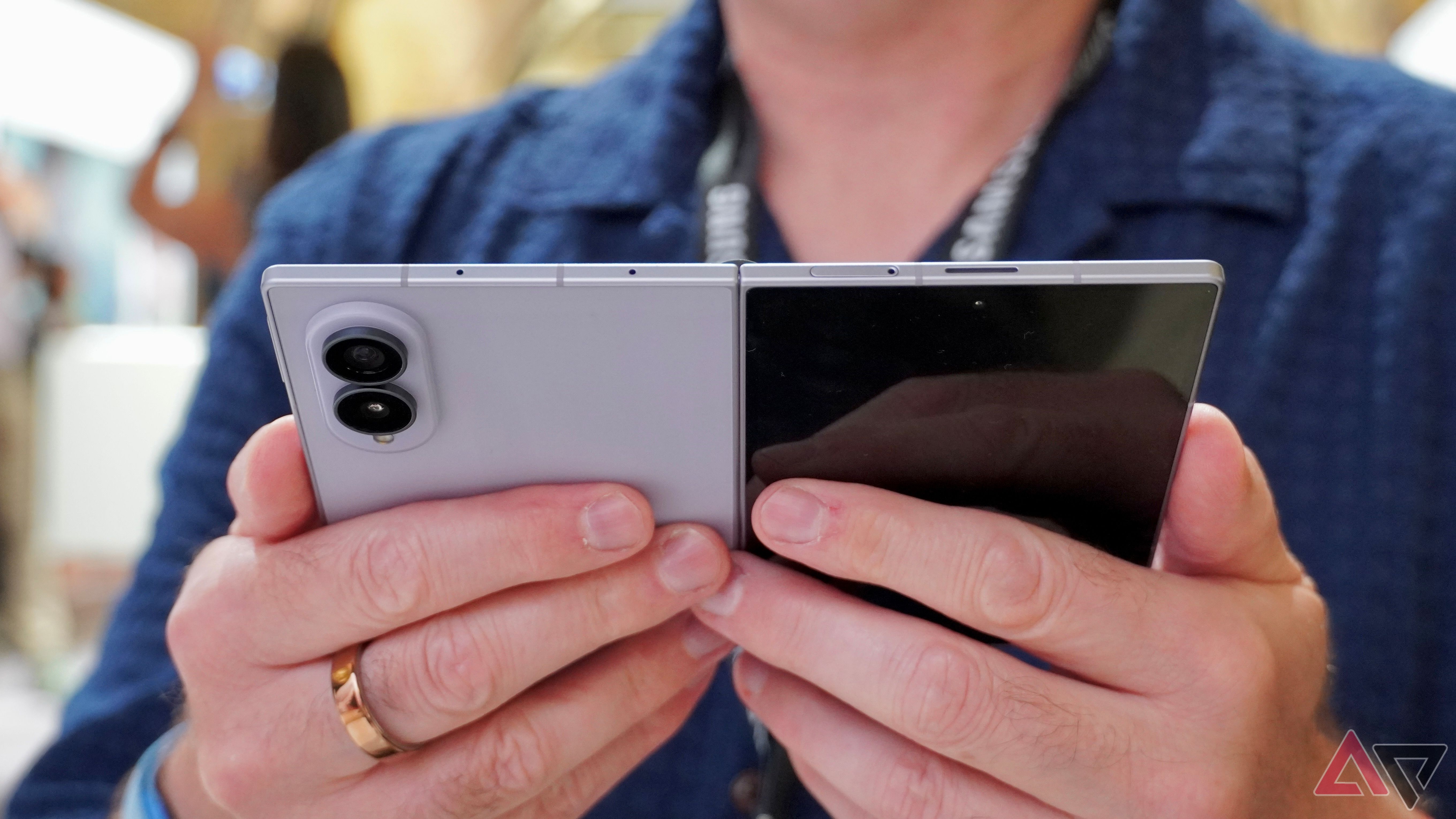 A person using the open Samsung Galaxy Z Fold 8
