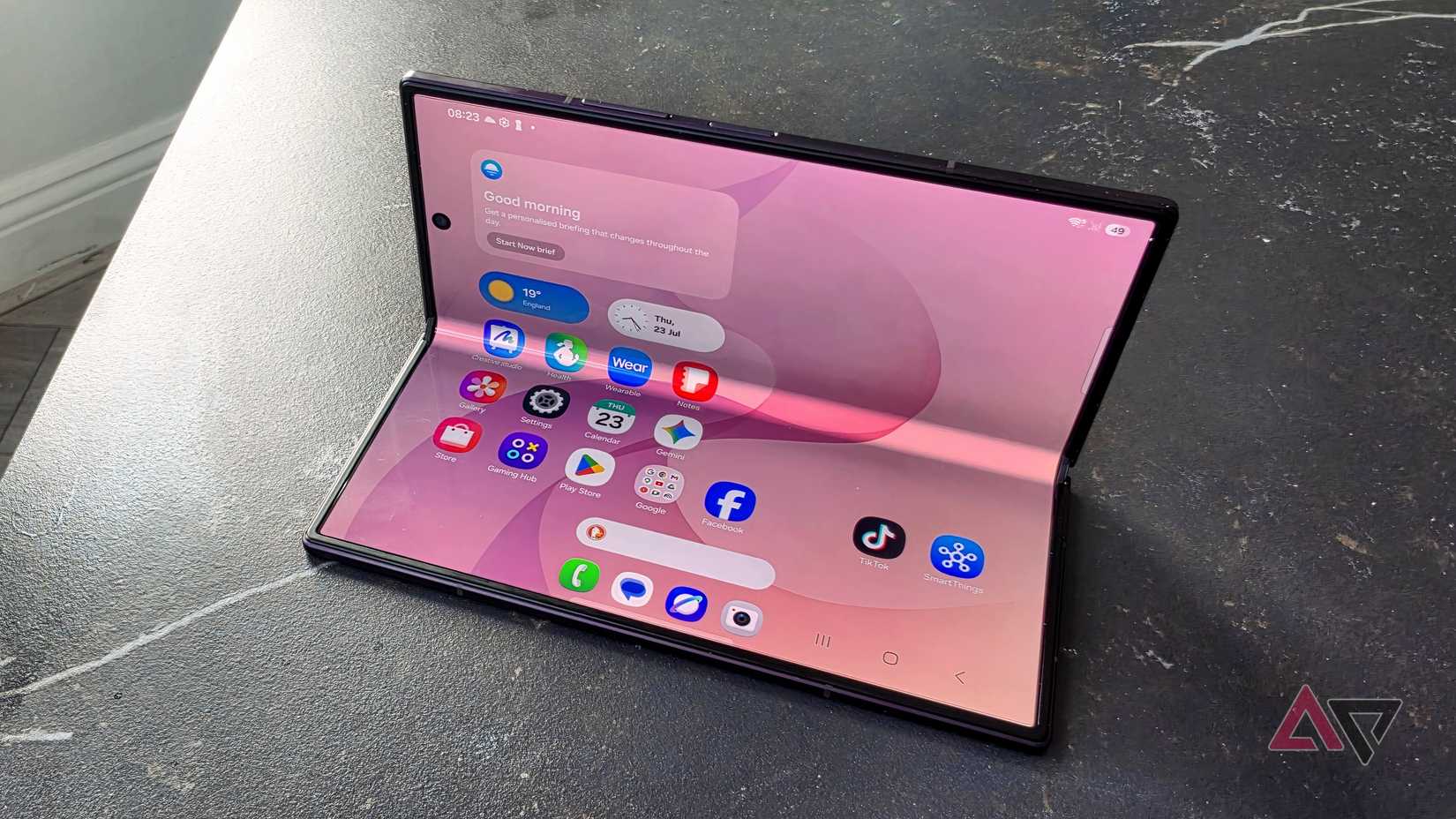 The Samsung Galaxy Z Fold 8 Ultra on a table, sitting at an angle.