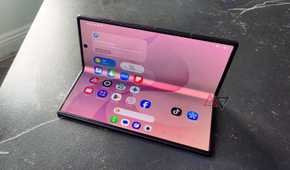 The Samsung Galaxy Z Fold 8 Ultra on a table, sitting at an angle.