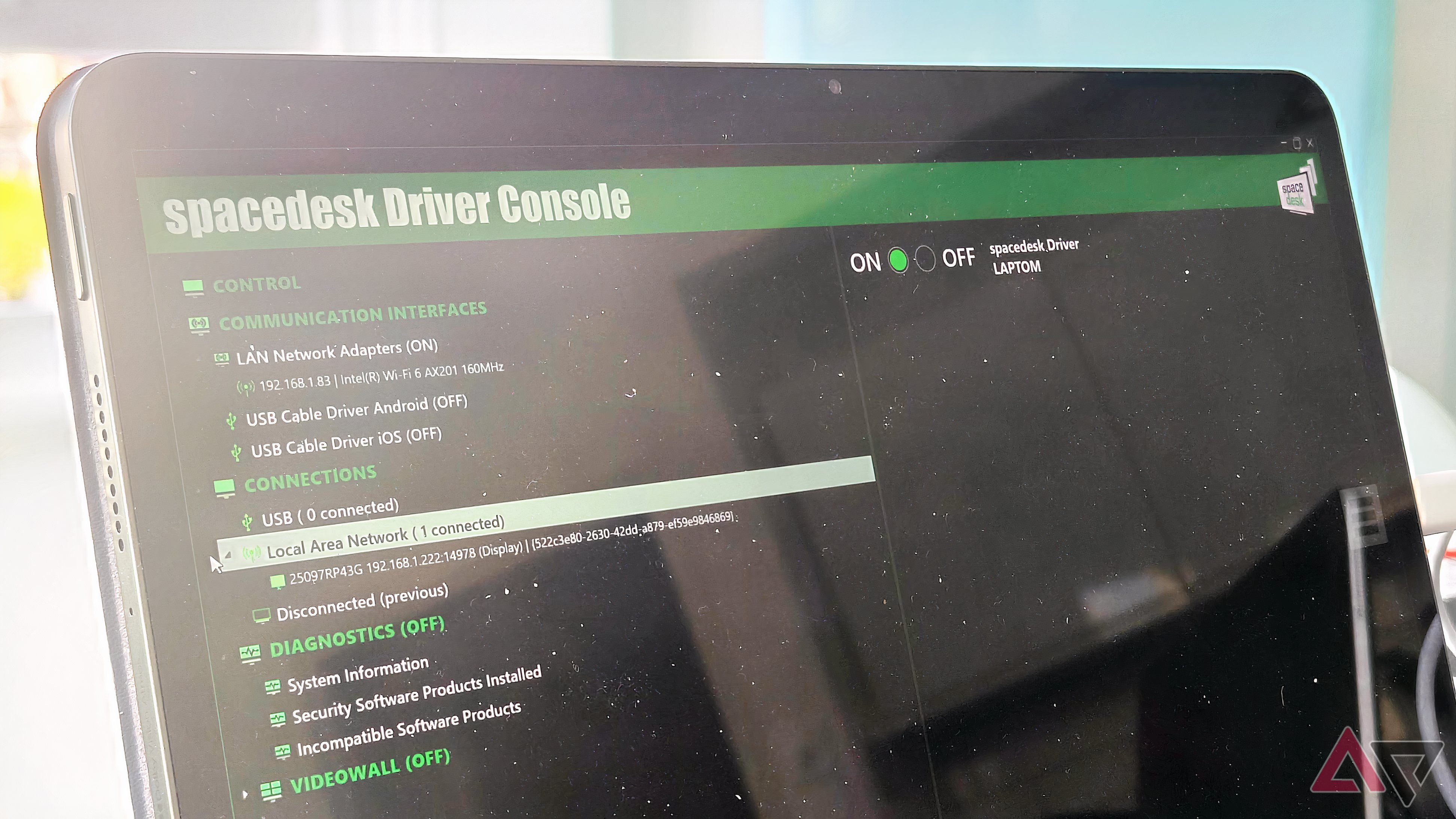 Space Desk app interface on Android tablet Windows PC wireless connection