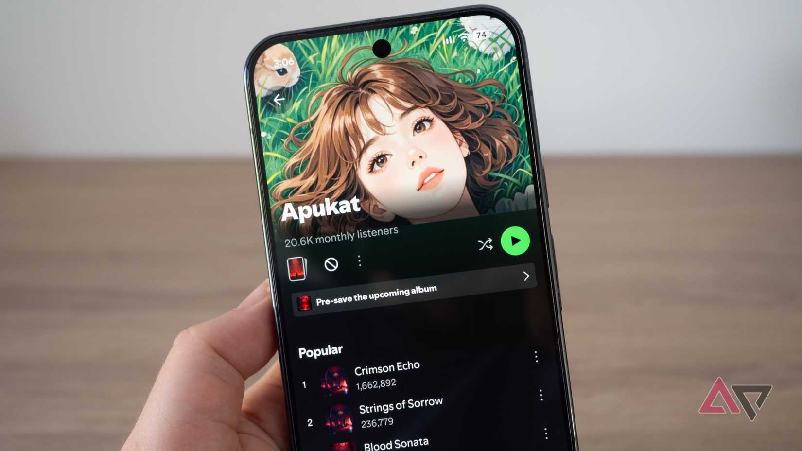 Spotify AI artist Apukat artist page on a phone