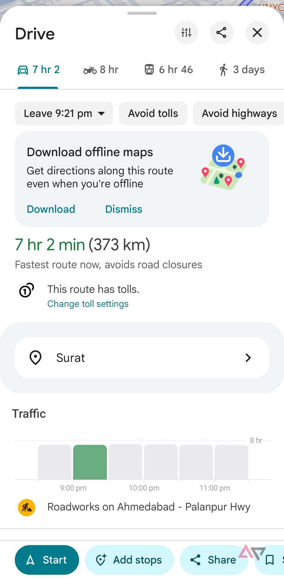 A screenshot showing Google Maps route