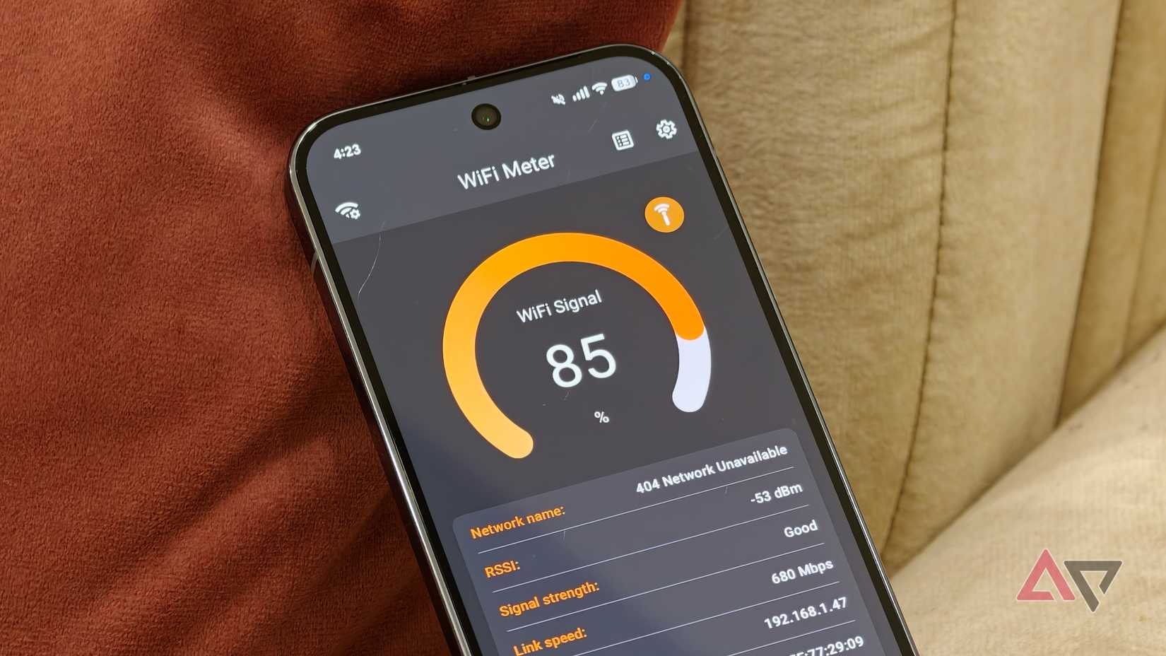Aplicativo Wi-Fi Meter em um Google Pixel mostrando a intensidade do sinal Wi-Fi