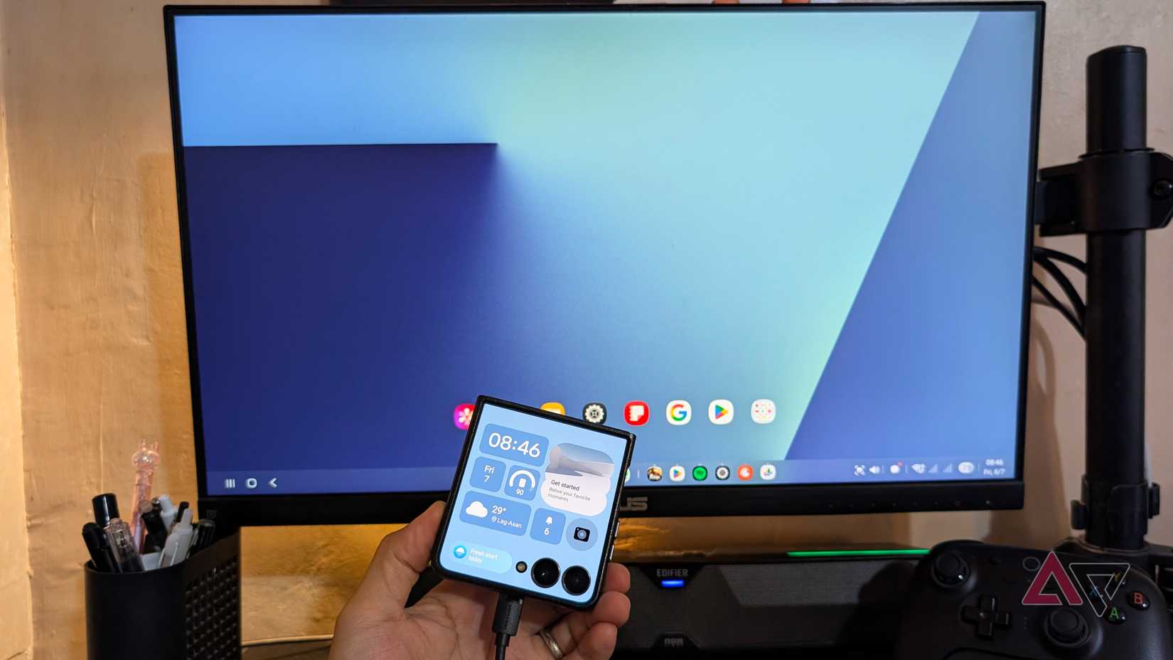 Samsung Galaxy Z Flip 7 smartphone with Desktop or Dex Mode enabled