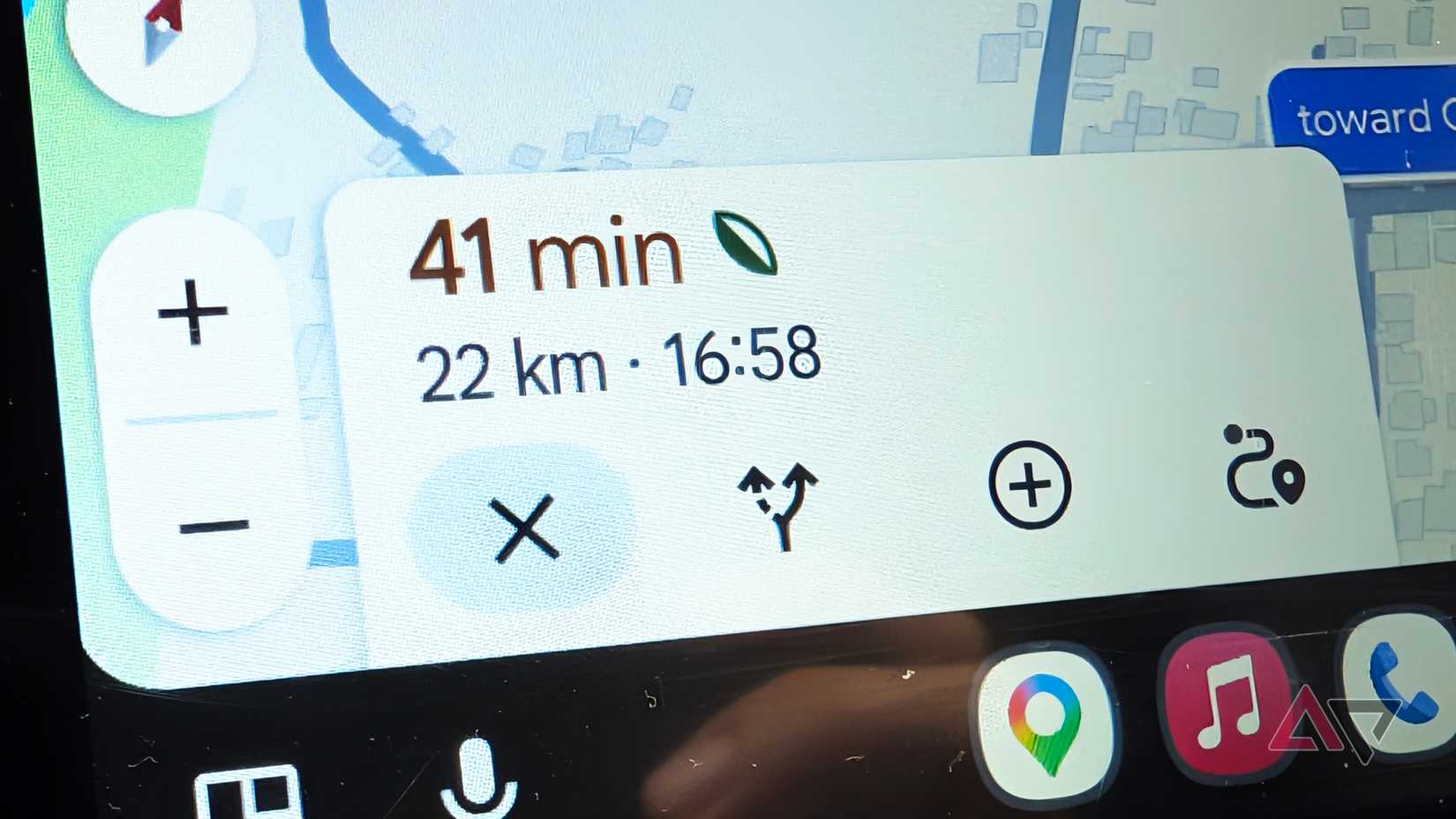 Fuel-efficient route highlighted on Google Maps on Android Auto
