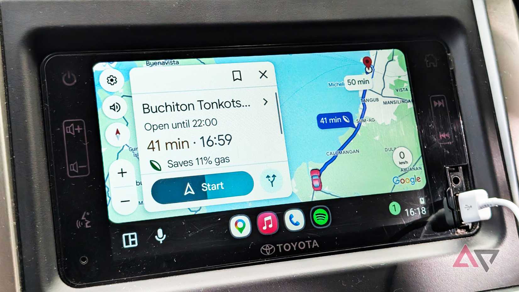 Android Auto display with Google Maps' fuel-efficient route selected