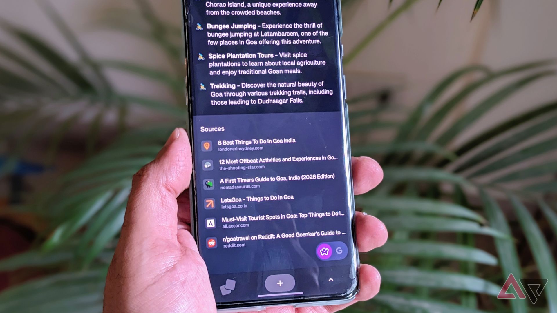 Arc Search on phone showing Goa's search result sources