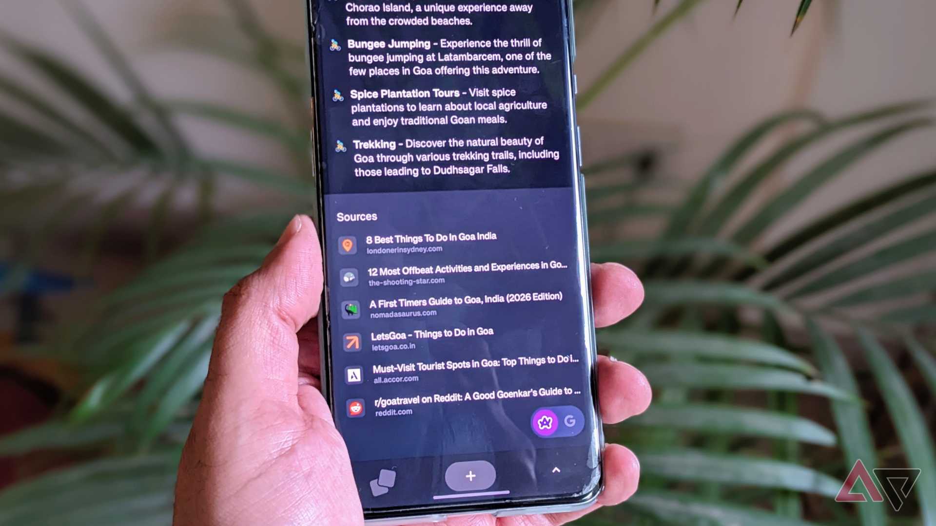 Arc Search on phone showing Goa's search result sources
