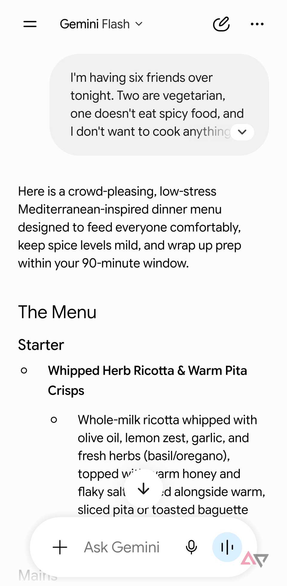 A screenshot showing Gemini planning meal