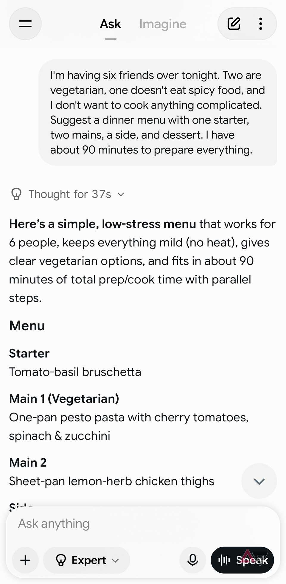 A screenshot showing Grok planning meal