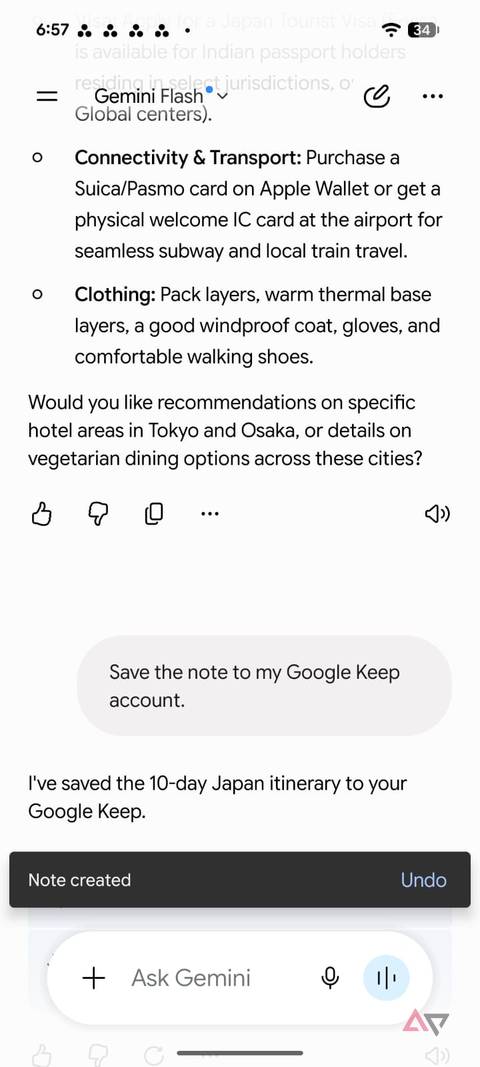 Gemini creating a note in Google Keep