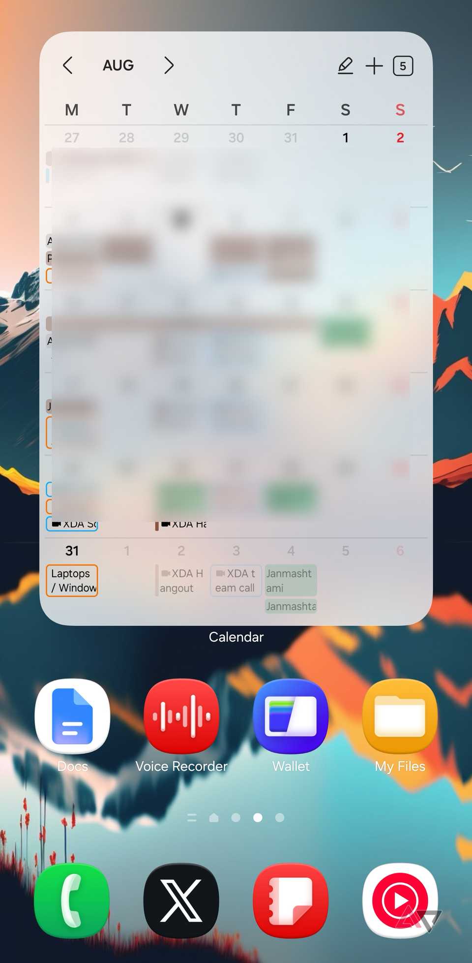 A screenshot showing calendar widget on Samsung phone