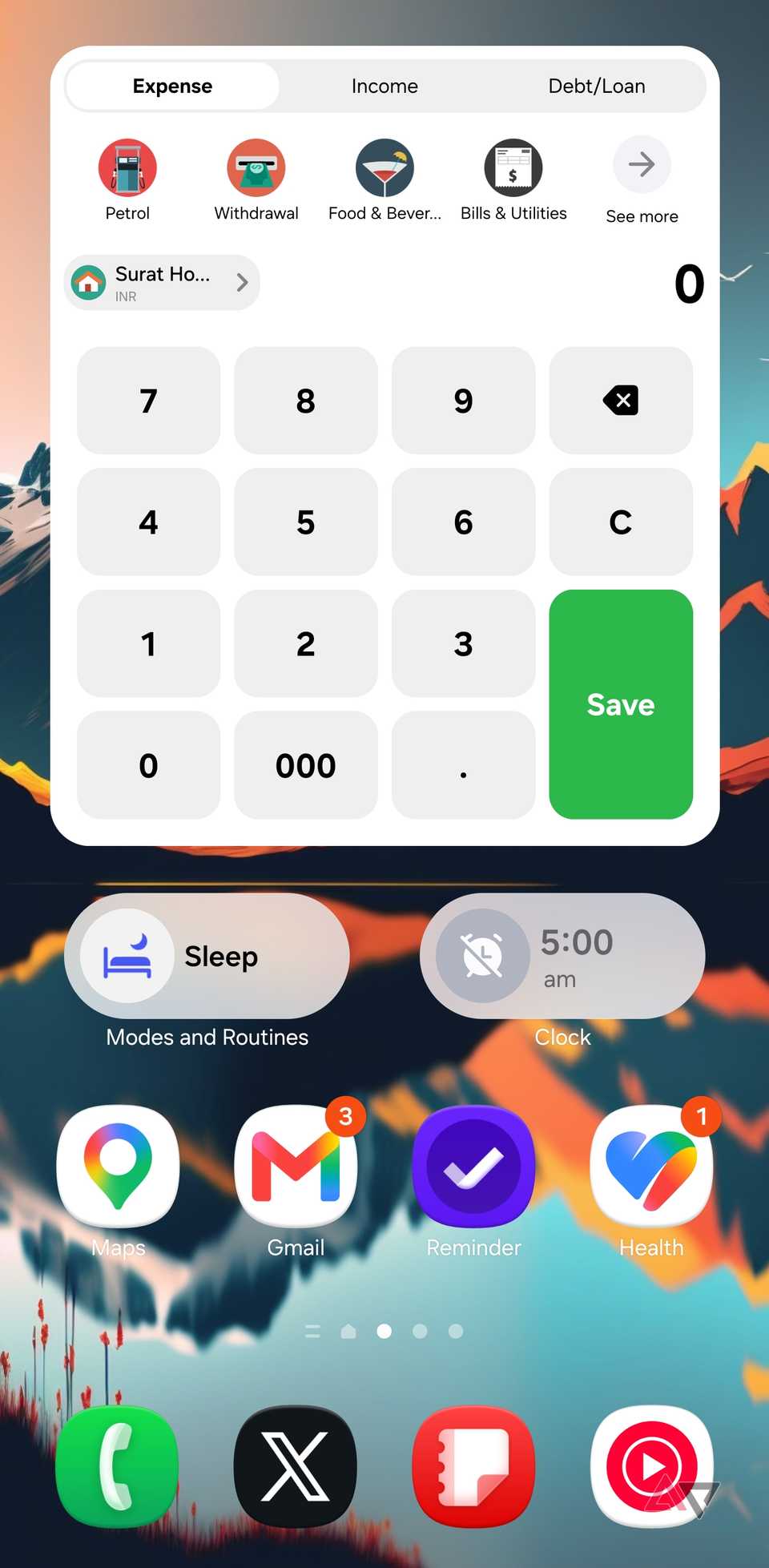 A screenshot showing Modes widget on Samsung phone