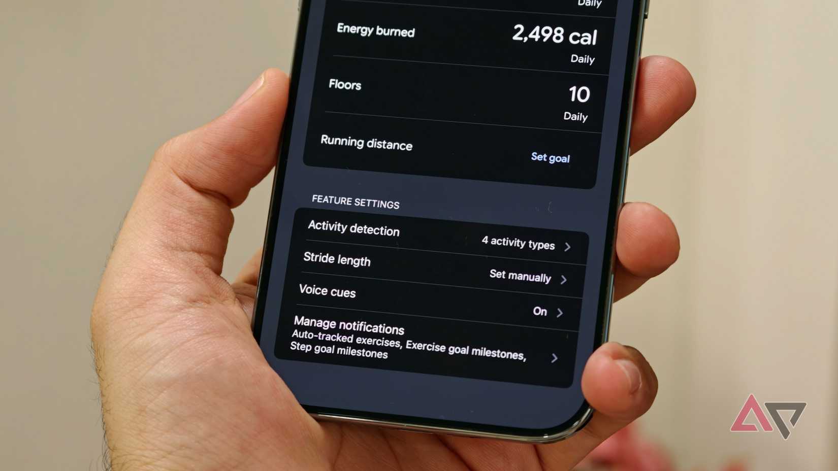 Activity settings screen listing energy burned, floors, and stride length