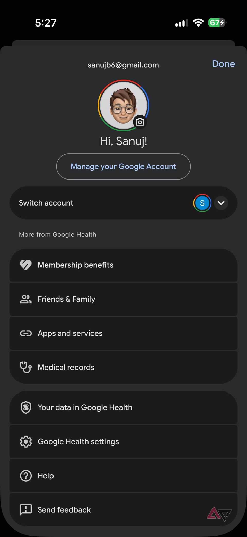 Google Health account menu with membership and settings options shown
