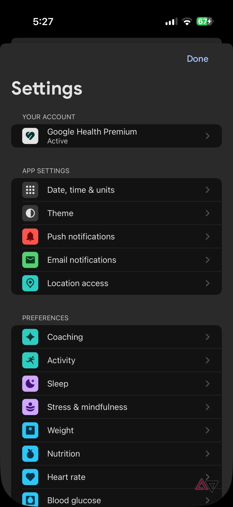 Google Health Settings screen with app and preference categories listed