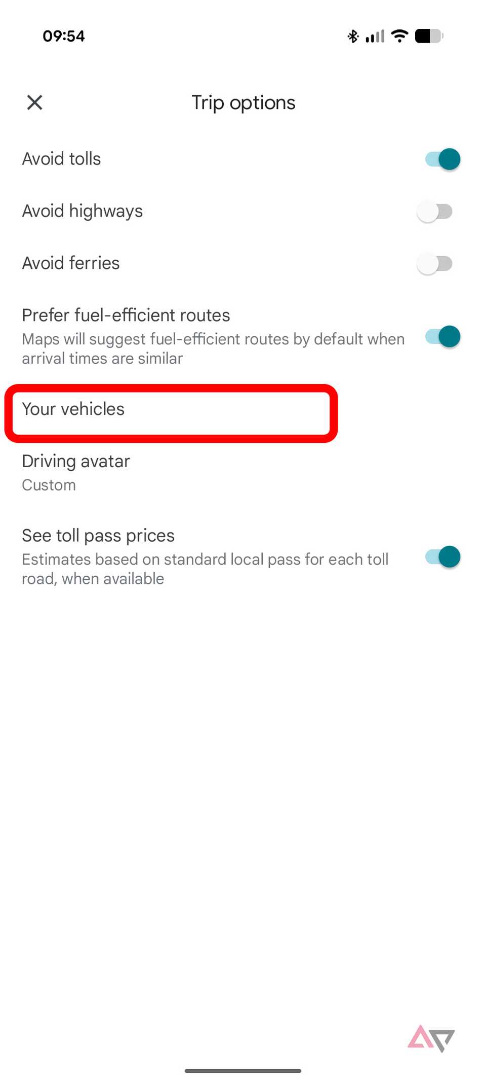 Google Maps your vehicles setting on the app