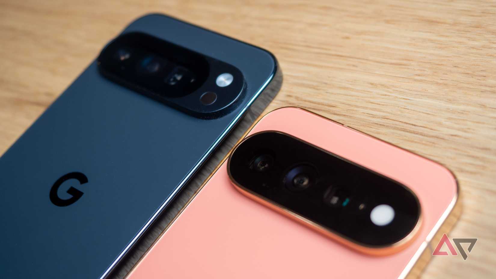 Google Pixel 10 Pro XL Obsidian vs Pixel 11 Pro XL Canyon color, on a desk, focus on camera bar and Hi-Light