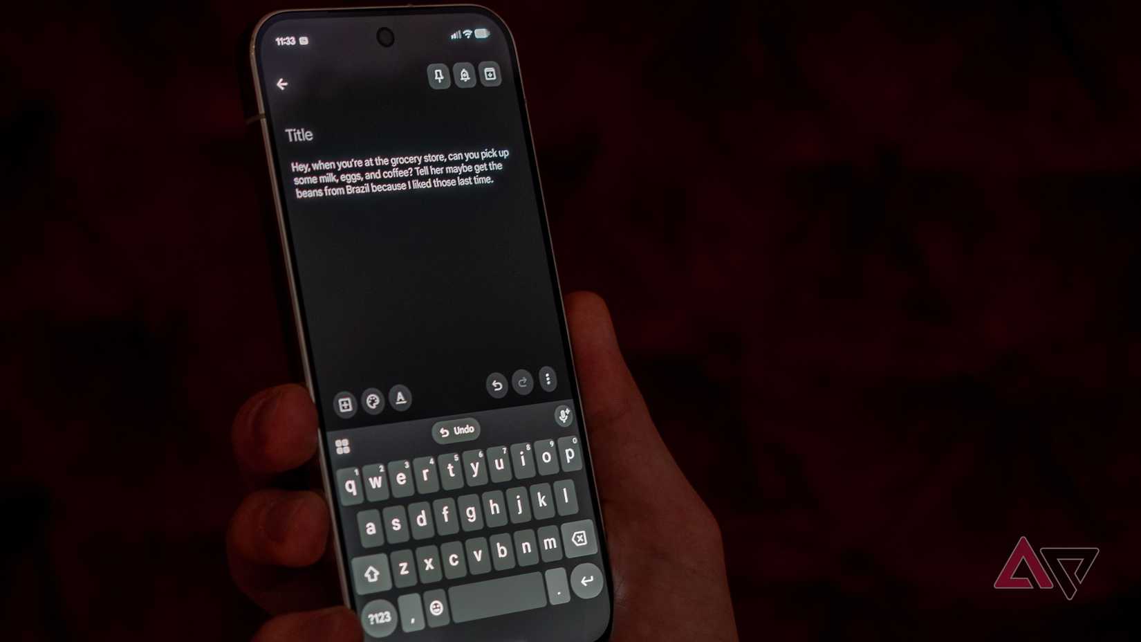 Google Pixel 11 Pro XL in hand with Gboard Ramble's text transcription