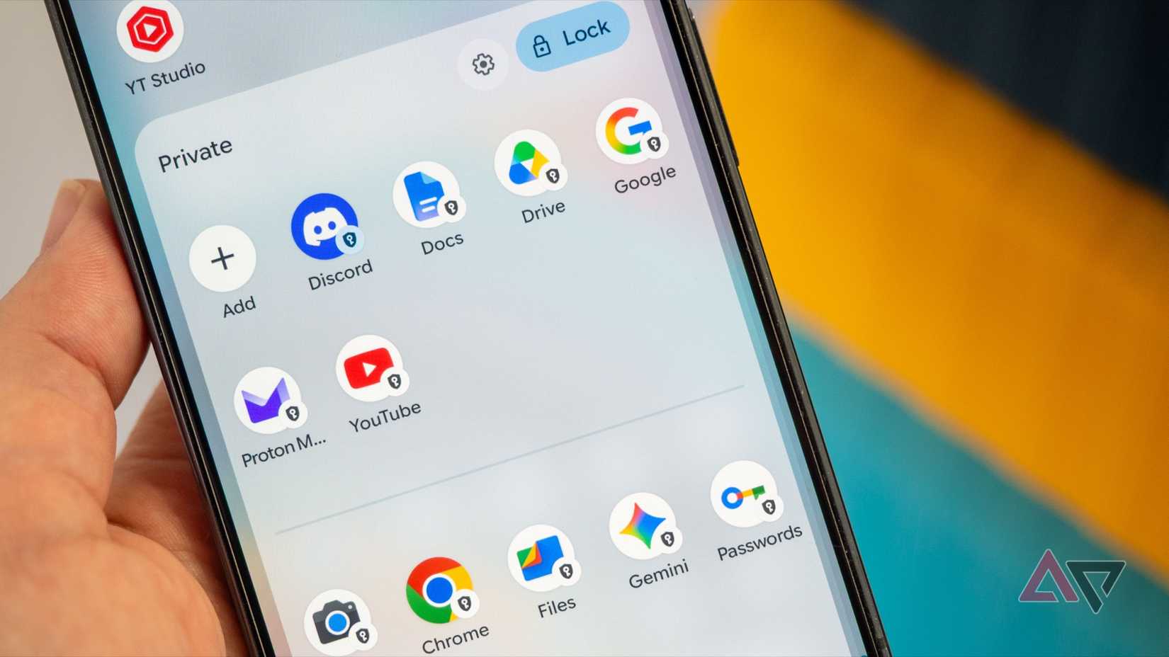 Google Pixel phone with the Launcher open showing Private Space unlocked