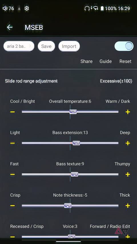 HiBy R4's MSEB Settings Showing Sliders