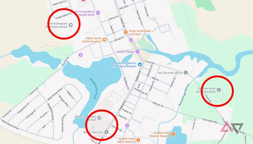 A map with three red circles