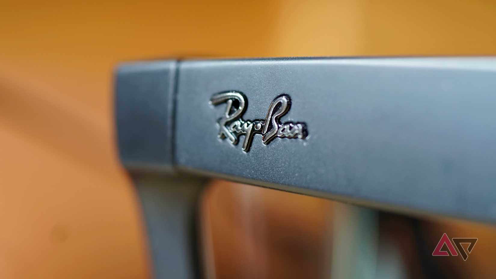 A close-up of the Ray-Ban logo on the Ray-Ban Meta smartglasses