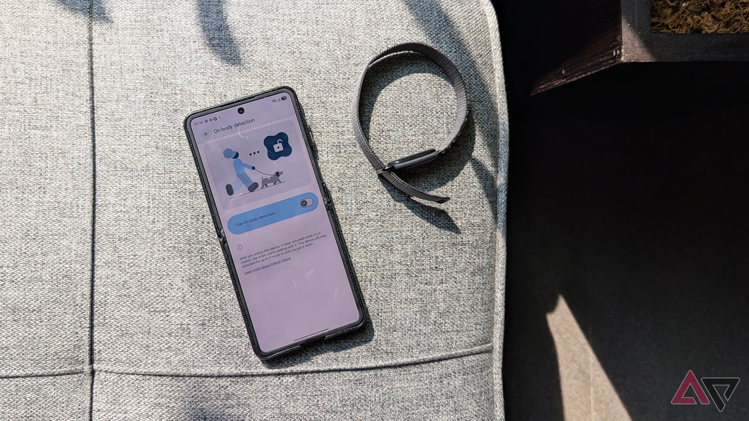 Samsung-Galaxy-Flip-phone-showing-on-body-extend-lock-feature-Google-Fitbit-Air