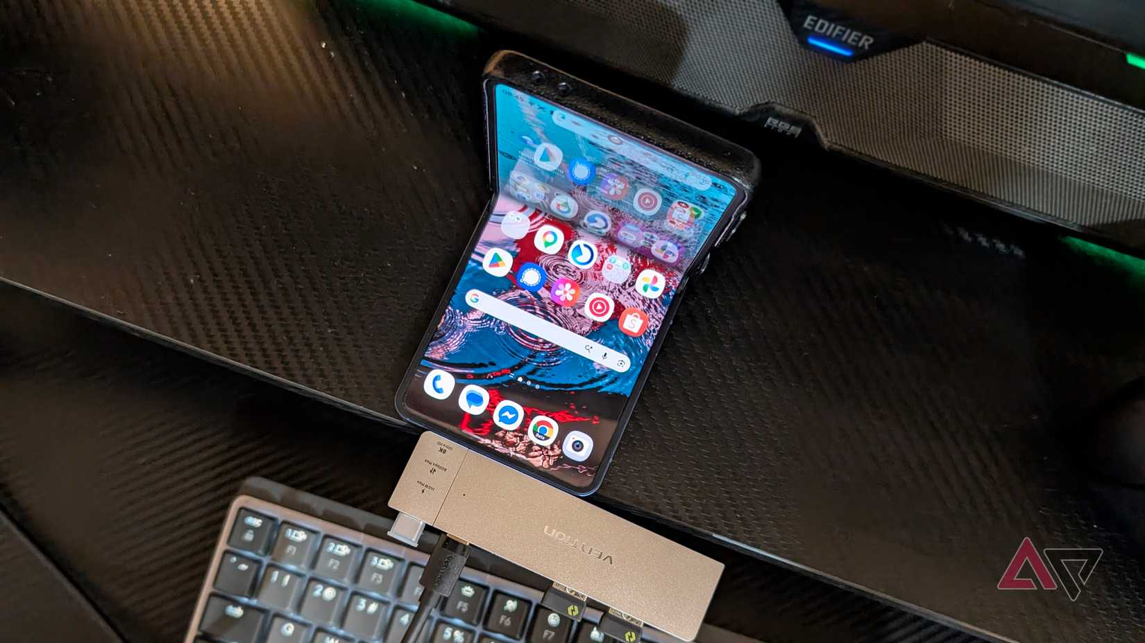 A Samsung Galaxy Z Flip 7 on DeX mode with a USB-C hub