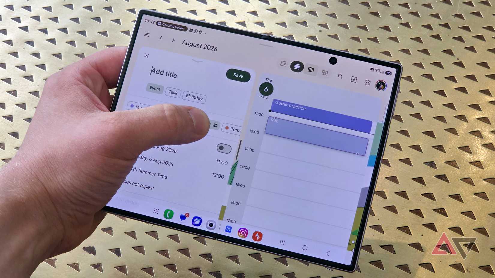 The Samsung Galaxy Z Fold 8 showing an event being added to the calendar.