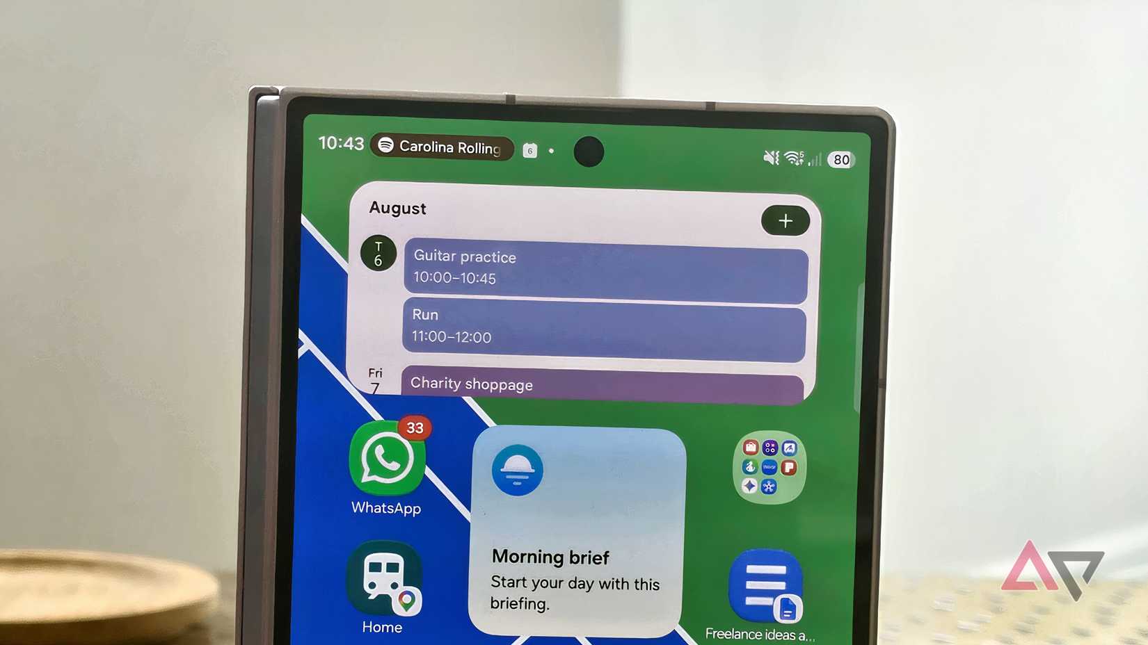 The Samsung Galaxy Z Fold 8 showing its Calendar schedule widget.