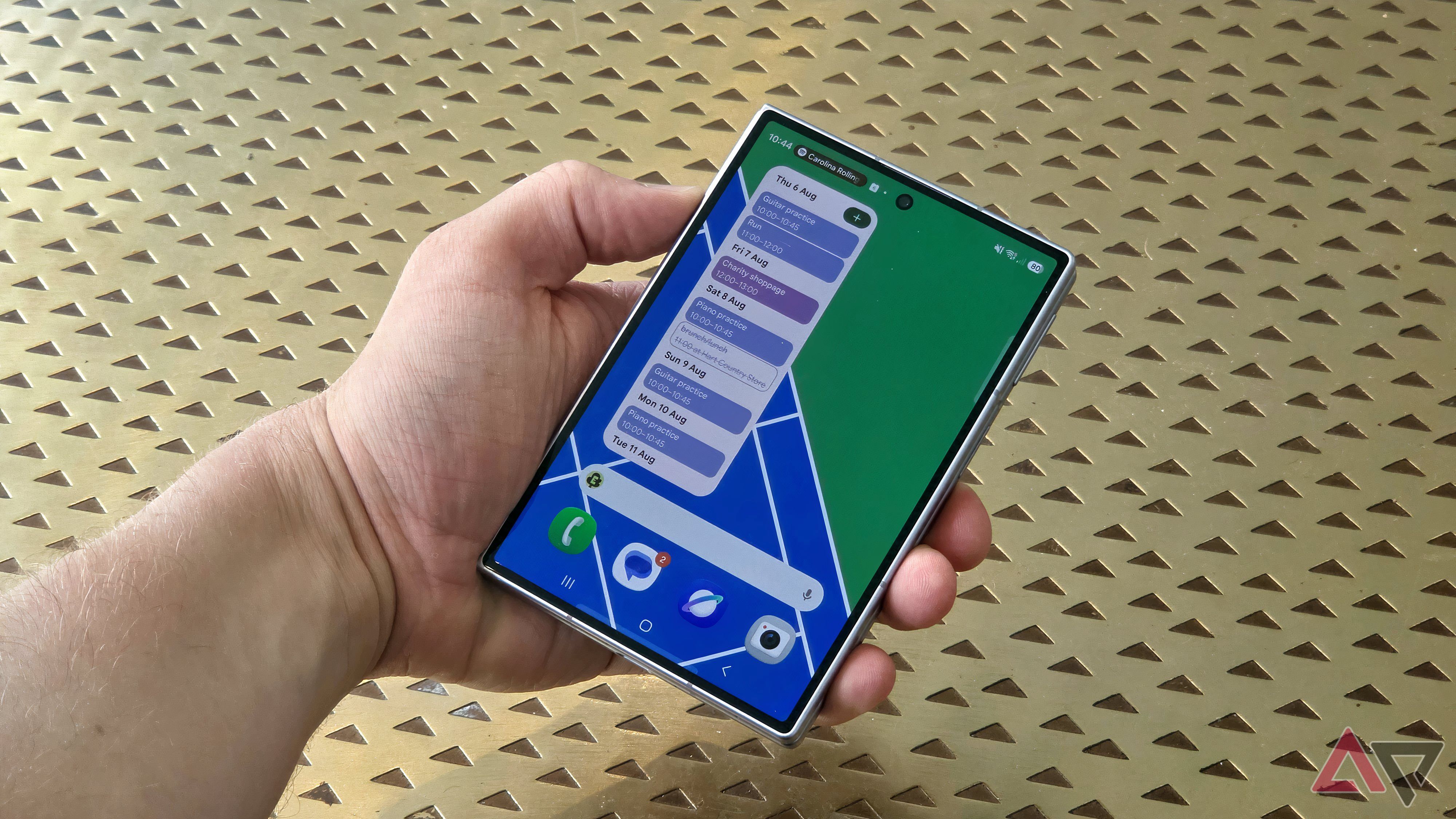 The Samsung Galaxy Z Fold 8 showing a long Calendar schedule widget.