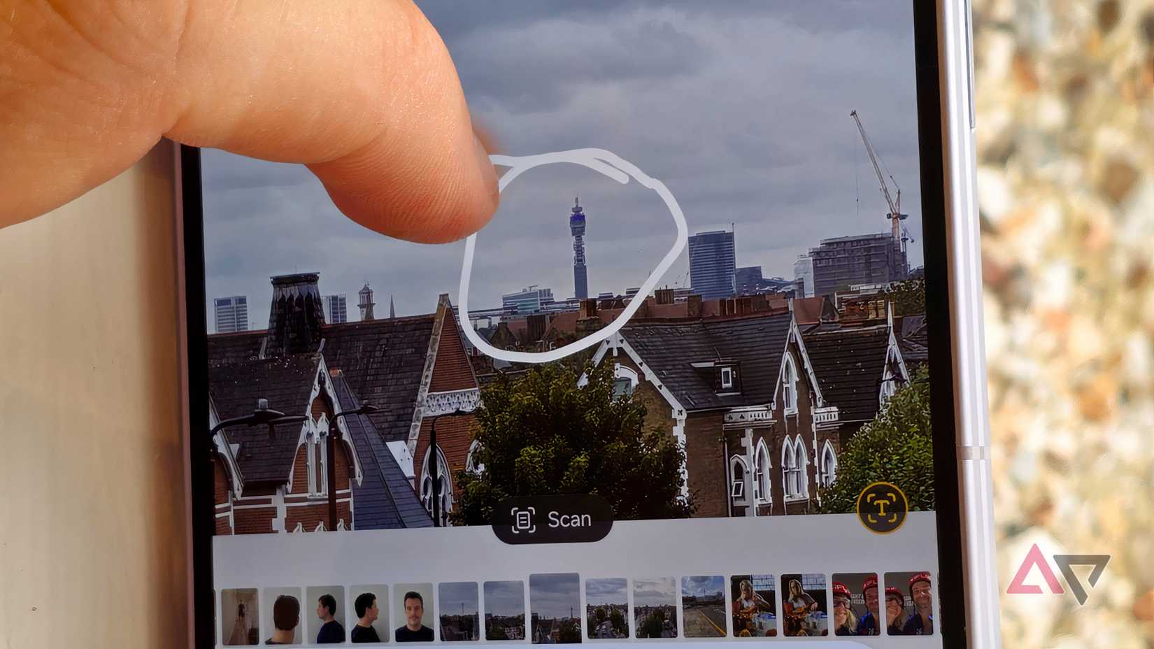 A photo of the BT Tower on the Galaxy Z Fold 8, with the tower circled.