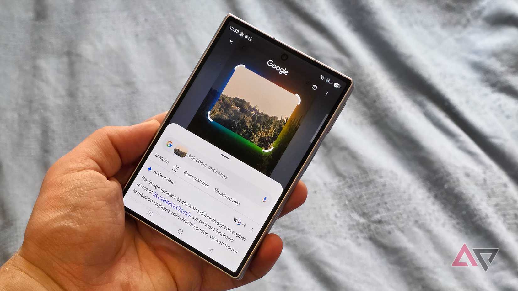 The Samsung Galaxy Z Fold 8 with Circle to Search in use, showing the results.