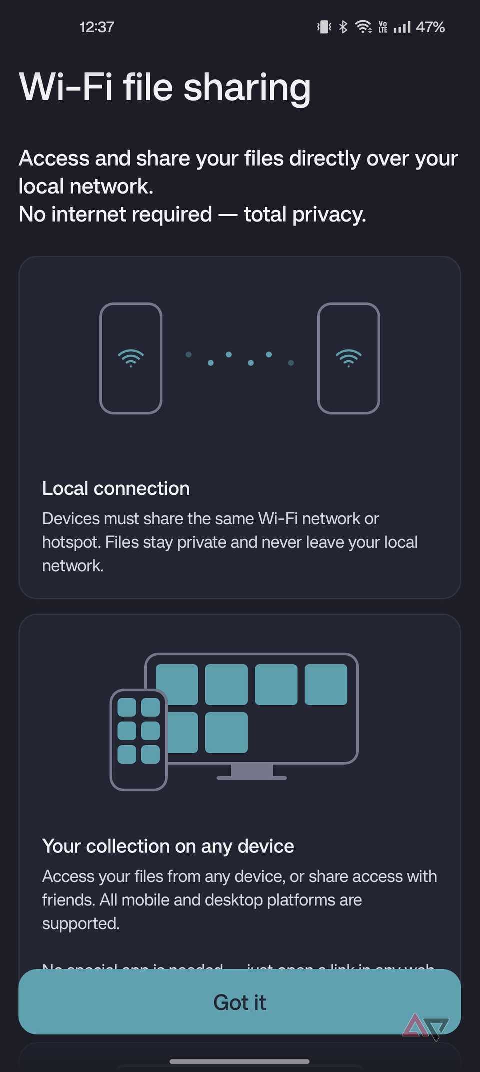 Aloha browser showing Wi-Fi sharing options
