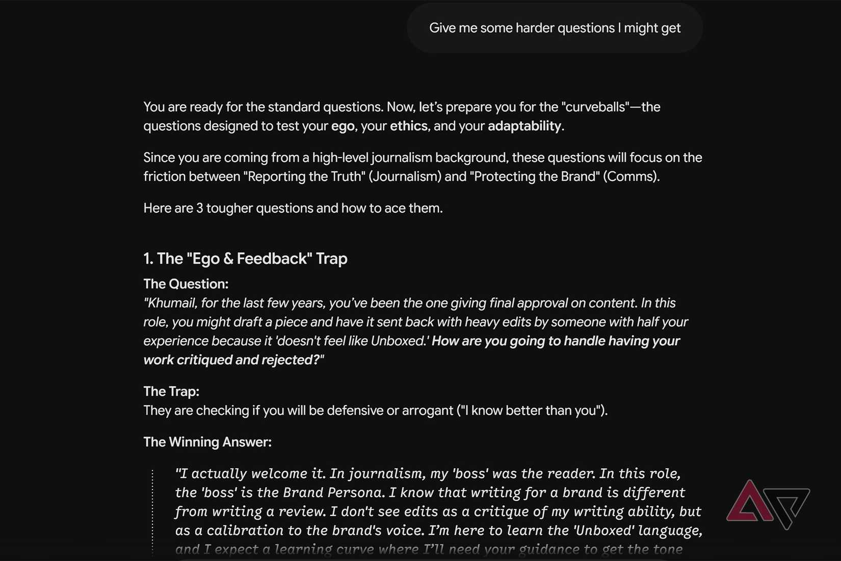 A screenshot of Google Gemini giving tough interview questions