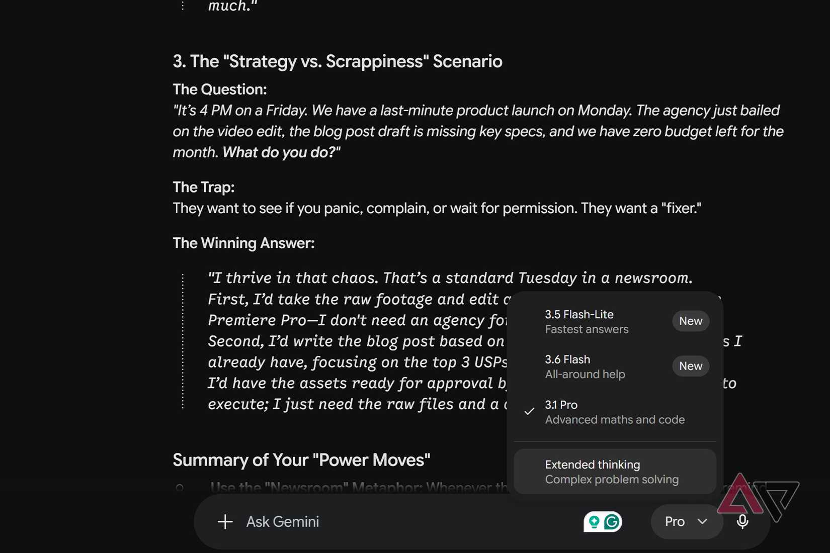 Selecting Extended Thinking in Google Gemini chat