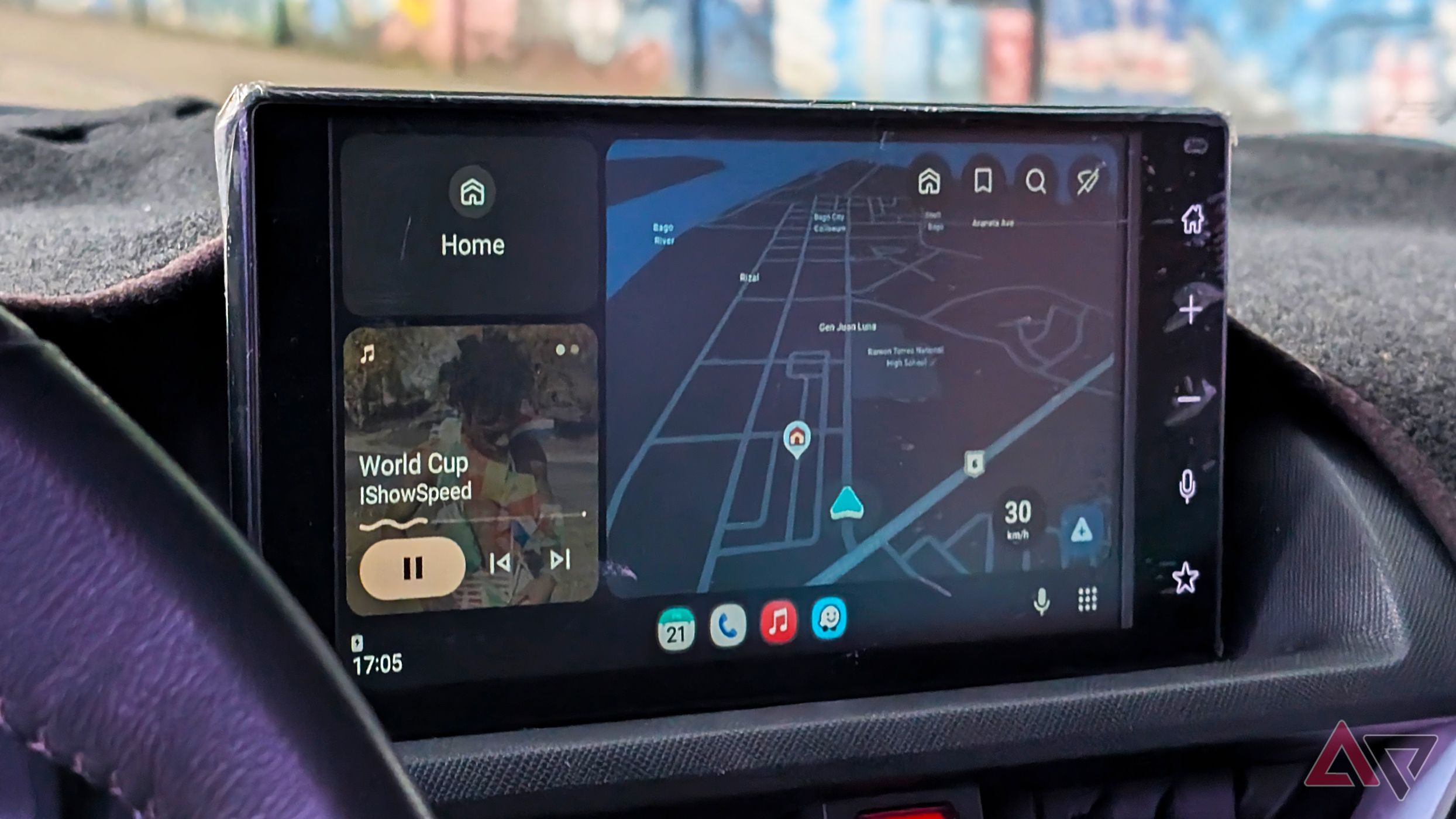 Waze driving navigation on Android Auto connected to a Samsung Galaxy Z Flip phone