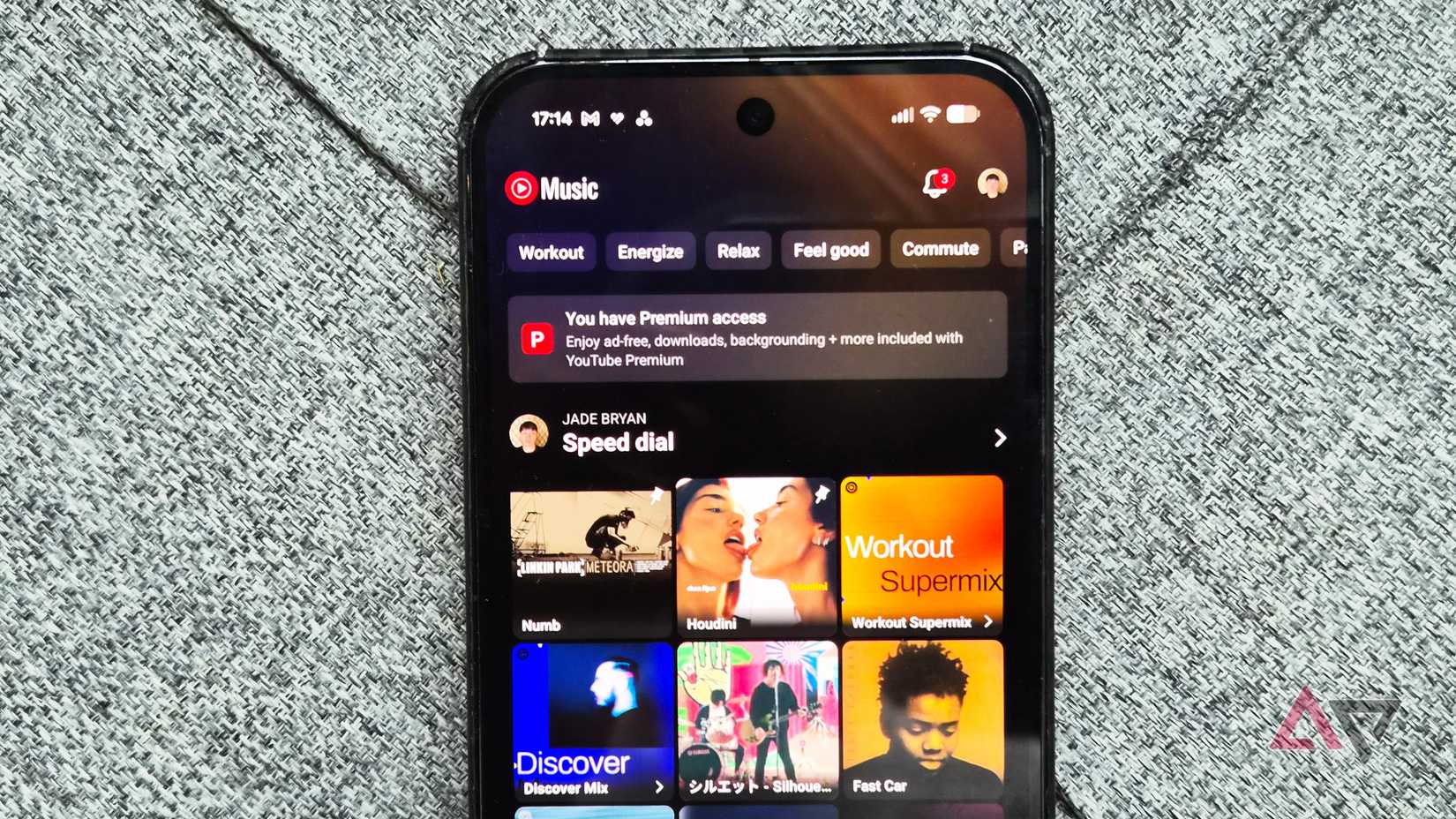 YouTube Music home page with speed dial shown on a Google Pixel 9 Pro XL smartphone