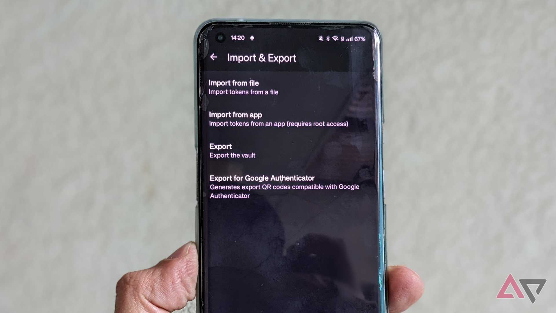 Aegis Authenticator import and export settings and menu options