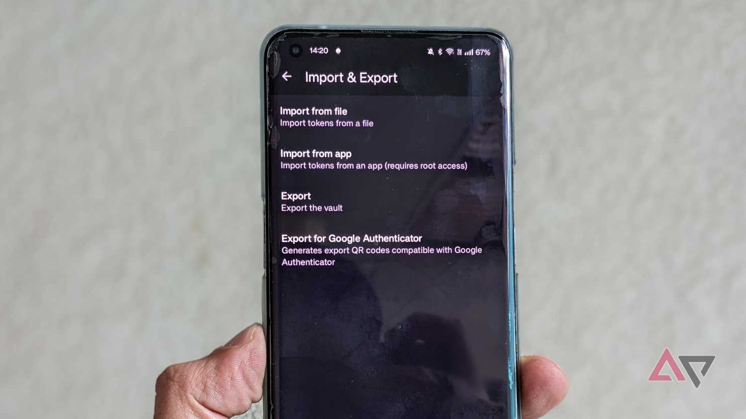 Aegis Authenticator import and export settings and menu options