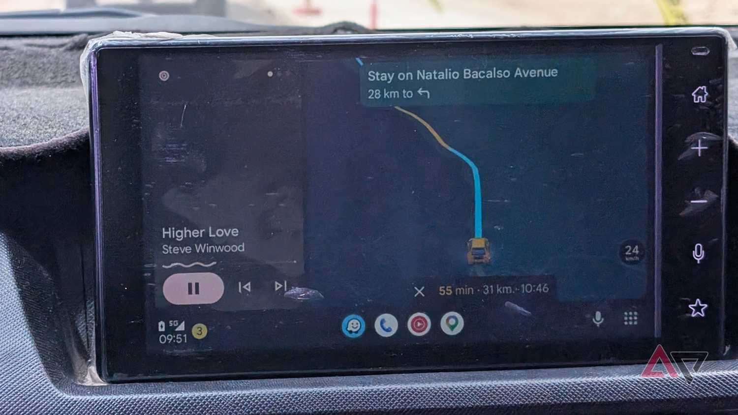 Android Auto display showing live navigation on Google Maps