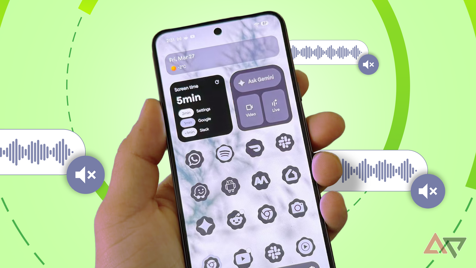 Android phone in hand surrounded by muted audio wave icons.