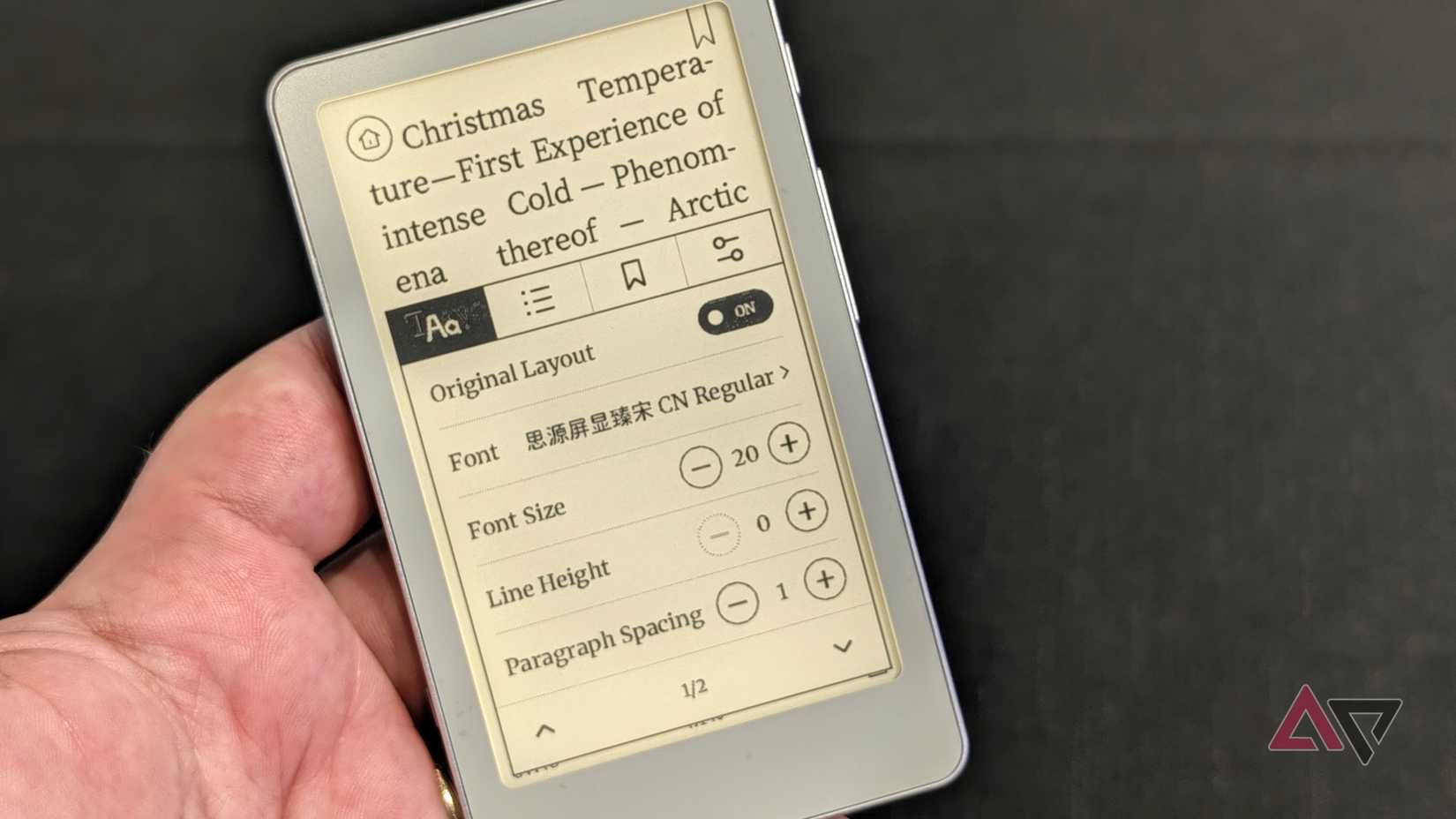 Boox Picco showing book layout and font options