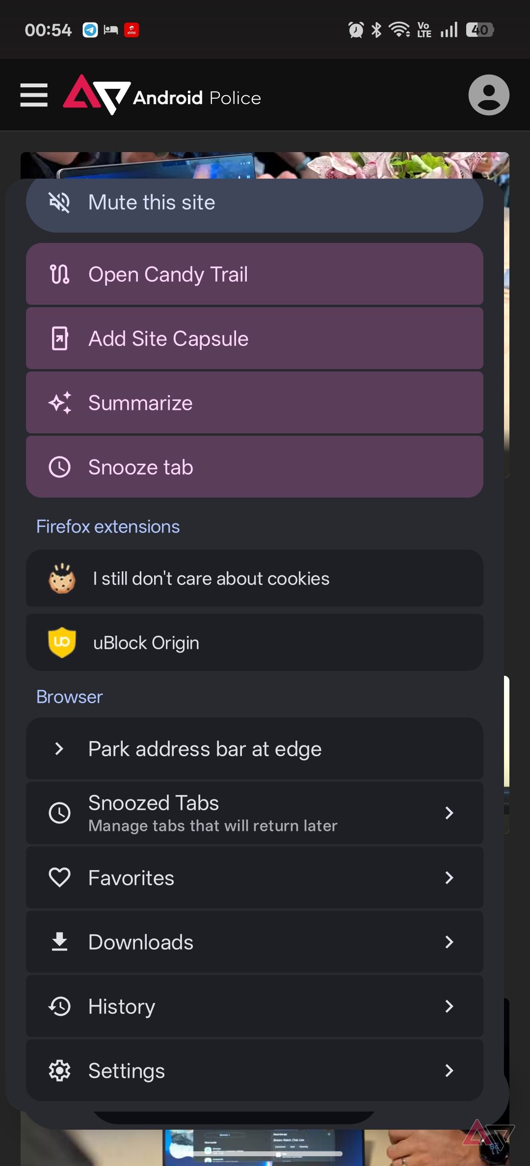 Candy Browser site settings