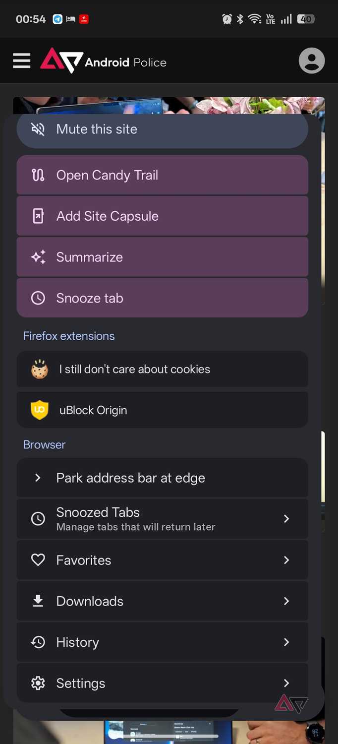Candy Browser site settings