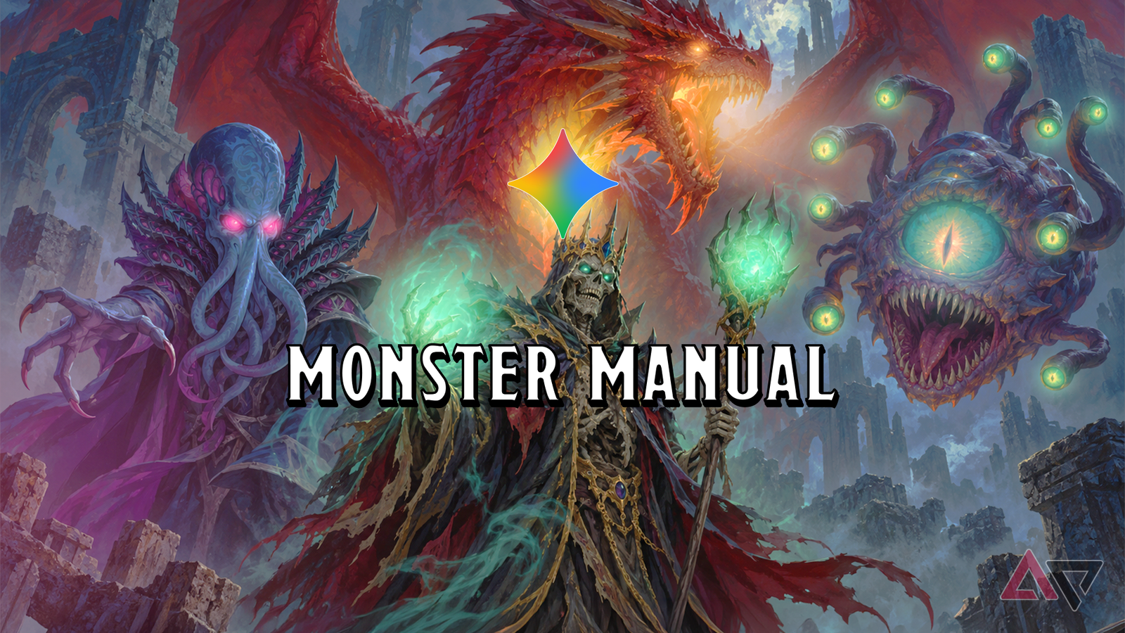 D&D Monster Manual artwork with the Google Gemini logo.