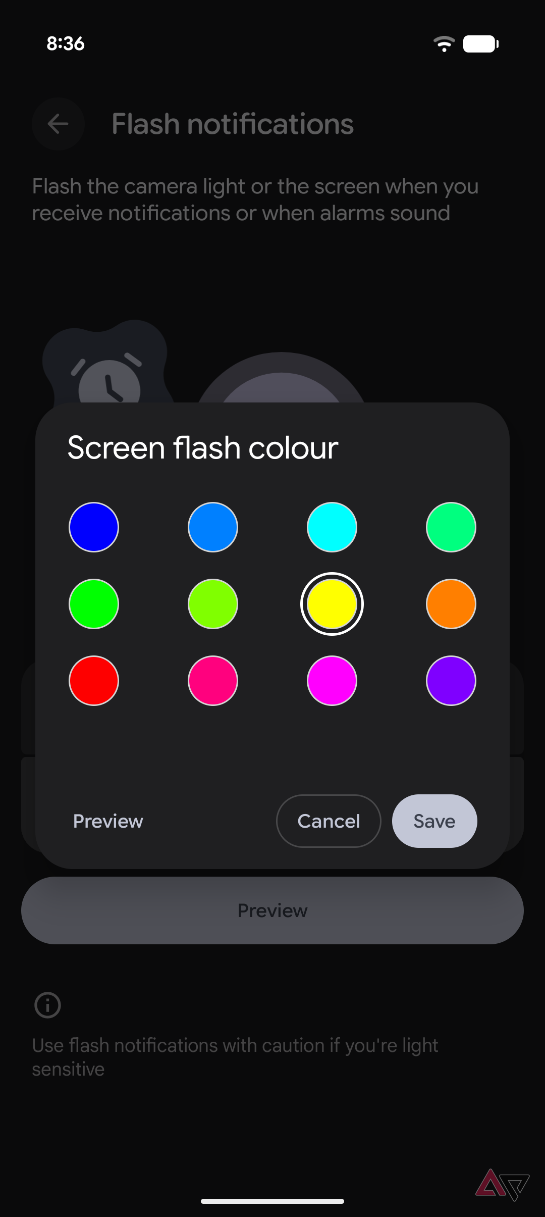 flash notifications screenflash color selection
